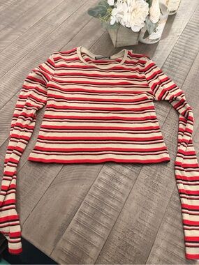 Brandy Melville Red and Cream Striped Ribbed Long-Sleeve Top